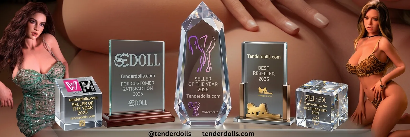 SE Doll awards display featuring various trophies and a backdrop of a reclining figure in lingerie.
