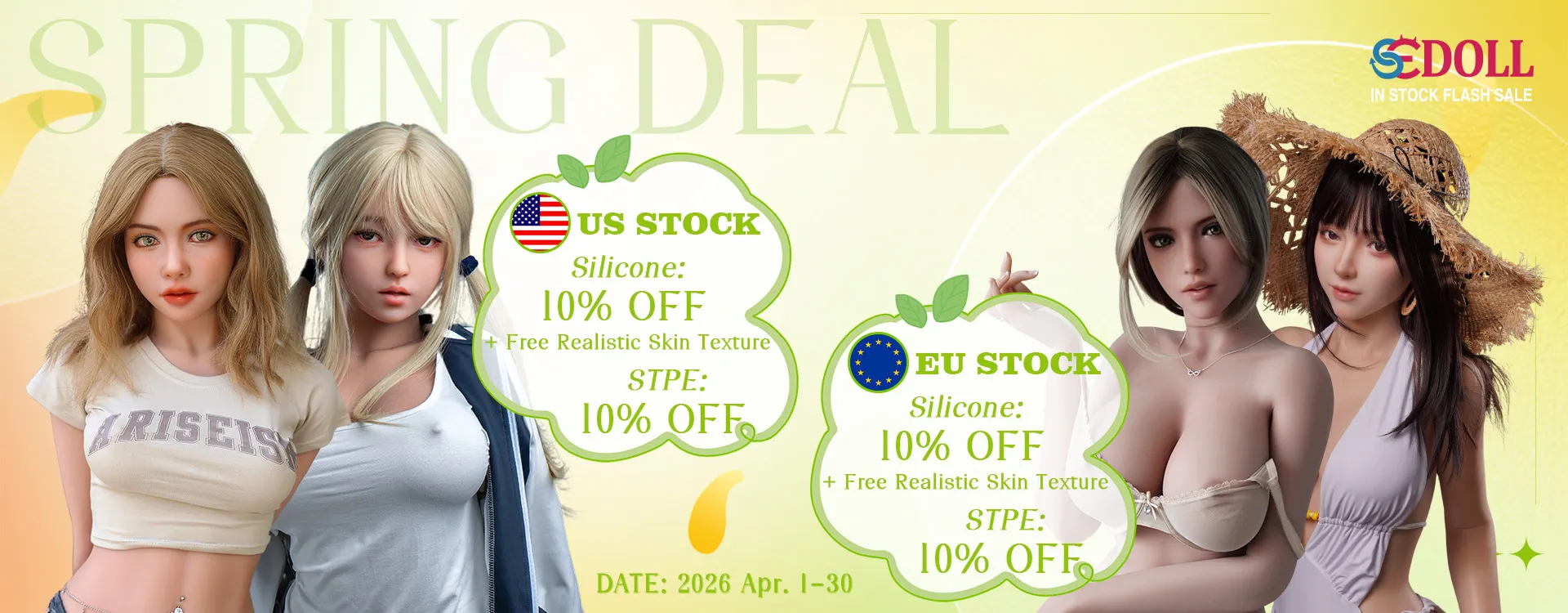US Stock and EU Stock promotional image featuring two dolls, one with long blonde hair in a casual outfit and the other with dark hair wearing a straw hat.