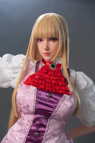 A2 Lady.24 171cm G Cup fair skin doll wearing a pink and purple dress with a red collar and long blonde hair.