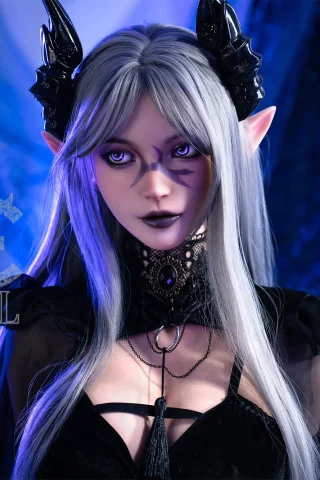 Aryana C doll, 161cm, features long silver hair, dark horns, and a black outfit with a deep neckline against a blue backdrop.