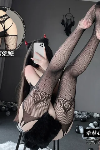Sexy Sling One-Piece Socks featuring black silk, fishnet design, and a model posing with legs raised.