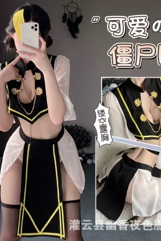 Lin Linting sexy underwear cosplay features a black and white outfit with yellow accents, showcasing a midriff cut and sheer fabric.