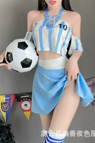 Sexy cheerleading lingerie featuring a cropped blue and white striped top, a short blue skirt, and holding a soccer ball.