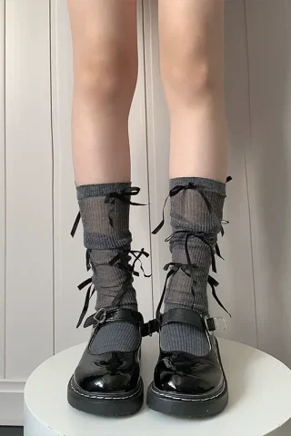 Sexy Cute Lolita Ballet Style Lace Tube Socks feature gray lace with black ribbons, paired with shiny black shoes.
