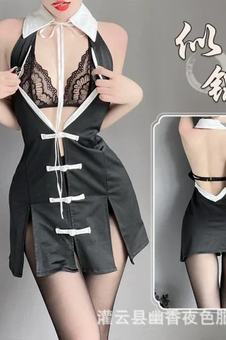 Sexy Lace Tease Pajamas featuring a black cheongsam design with a high slit, lace detailing, and a white collar.