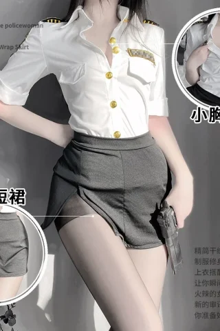 Sexy Lingerie Uniform featuring a white shirt with gold buttons and a mini hip wrap skirt, accessorized with a toy gun.