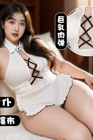 Chubby girl in sexy maid cosplay lingerie, featuring a white outfit with crisscross detailing and ruffled edges, seated on a bed.