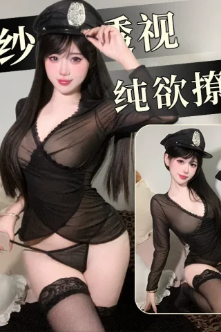 Sexy mesh long sleeve pajamas dress featuring a sheer black design, with a fitted silhouette and thigh-high stockings.