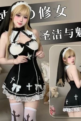 Sexy Nun Uniform Lingerie features a black dress with white cross details, lace trim, and a matching veil.