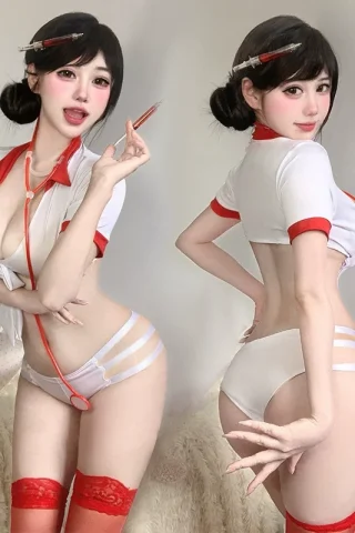 Sexy Nurse Lingerie features a tied white top with red accents, revealing a bare back and paired with white panties and red stockings.