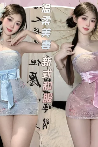 Sexy printed kimono nightgown features sheer fabric with floral patterns and contrasting bows in blue and pink.