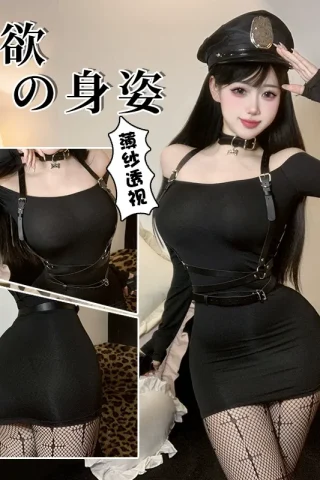 Sexy Pure Desire dress features a tight-fitting black design with off-shoulder sleeves and a harness, paired with fishnet stockings.