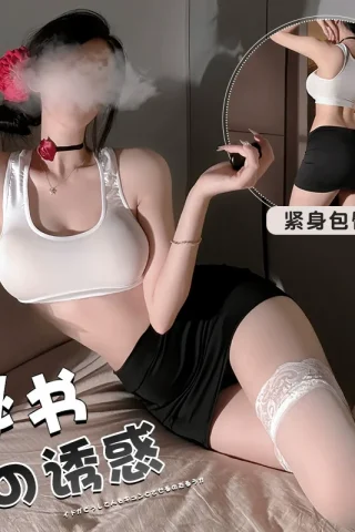 Sexy Secretary Uniform Temptation Lingerie Set features a model in a white crop top and a black mini skirt, holding a cigarette and surrounded by roses.