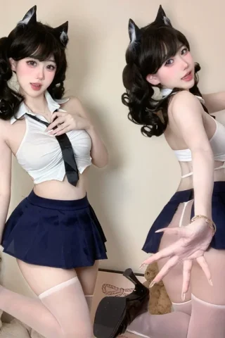 Vitality pleated college suit featuring a white cropped top, black tie, and a navy skirt with thigh-high stockings.