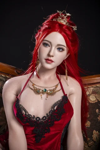Dache Zheng 169cm C-Cup doll with long red hair, wearing a black and red dress, adorned with a crown and jewelry.