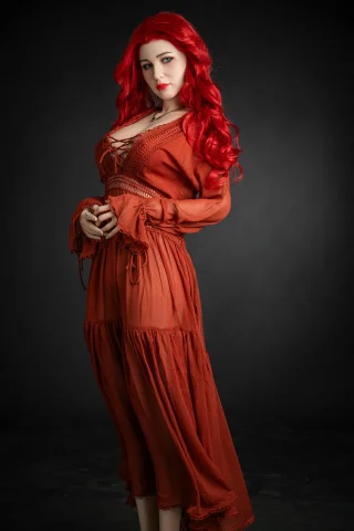 Eva 171cm C-Cup in a flowing red dress with long sleeves and a lace-up neckline, posing against a dark background.