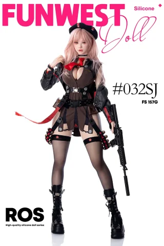 Bella 157cm G cup Funwest doll wearing a military-style outfit with a black jacket, thigh-high stockings, and holding a rifle.