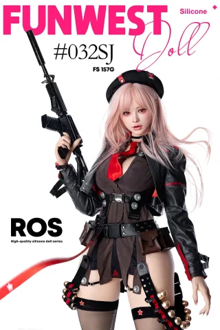 Bella 157cm G cup Funwest doll wearing a black outfit with red accents, holding a rifle, and styled with long pink hair.