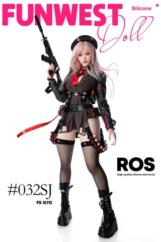 Bella 157cm G cup Funwest doll in a military-inspired outfit, holding a rifle, with pink hair and black boots.