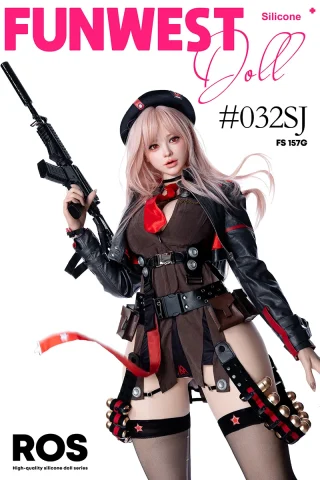 Bella 157cm G cup Funwest doll in a military-inspired outfit, holding a rifle, with pink hair and a confident pose.