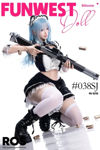 Lucy #032SJ 157cm G cup Funwest doll poses with a rifle, wearing a black and white outfit and thigh-high stockings.