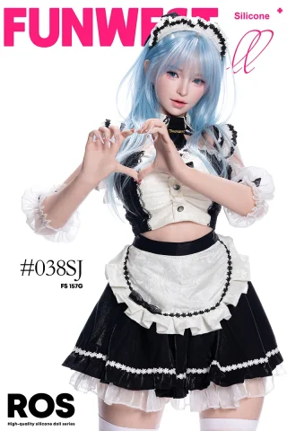 Lucy #032SJ 157cm G cup Funwest features a character in a maid outfit with a black and white color scheme, long blue hair, and a heart gesture.