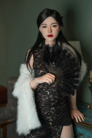 Kelly 176cm C-Cup Starpery doll wearing a black lace outfit, holding a black fan, with a white fur shawl draped over her shoulder.