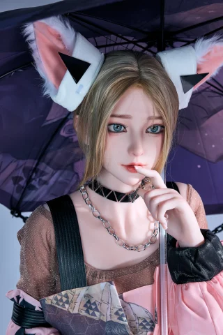 Luli 171cm C-Cup Starpery doll with blonde hair, wearing a pink outfit and holding a purple umbrella.
