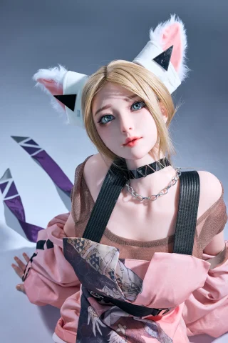 Luli 171cm C-Cup doll with blonde hair, wearing a pink outfit and cat ears, posed with a soft expression.