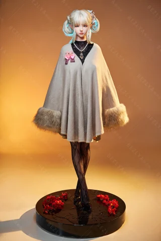 Calla doll 157cm wearing a beige cape with fur trim, black lace stockings, and standing on a circular base with flowers.