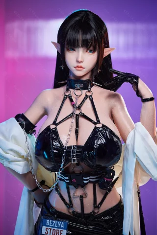 Bezlya doll (157cm) wearing a black latex outfit with chains, featuring long black hair and pointed ears, set against a colorful background.