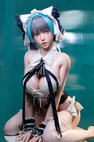 Violet 155cm doll in a revealing outfit with blue hair, sitting pose, and lace details.