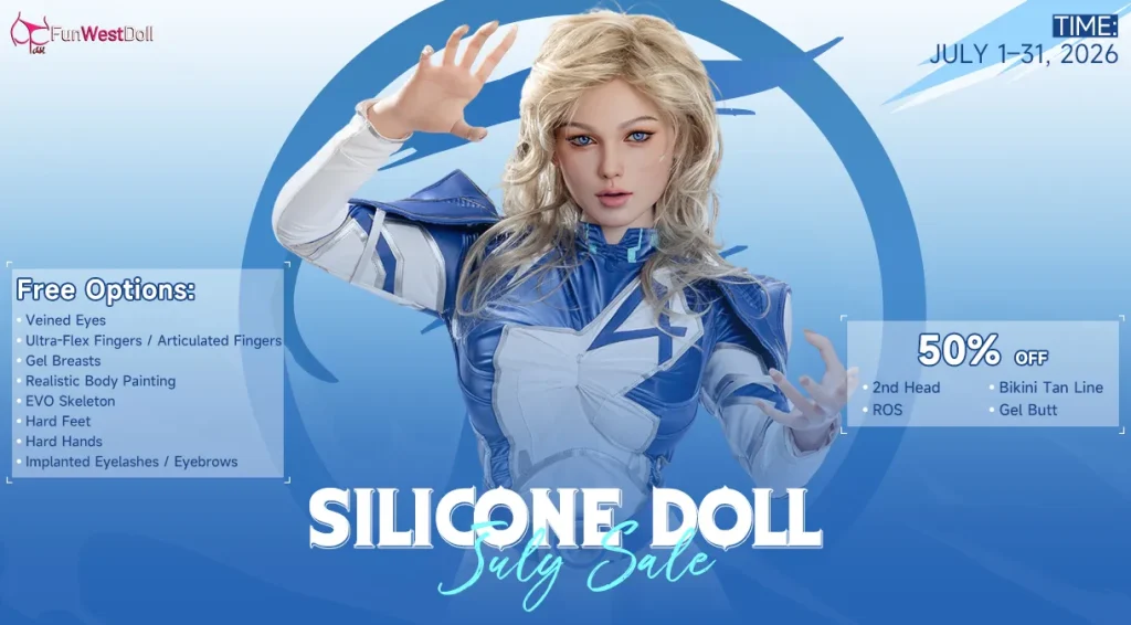 Silicone doll with blonde hair, wearing a blue and white costume, promoting a July sale with various features listed.