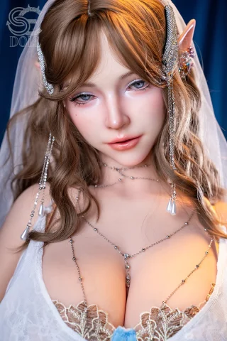 Annika doll, 157cm, features long brown hair, delicate accessories, and a revealing lace outfit with a veil.