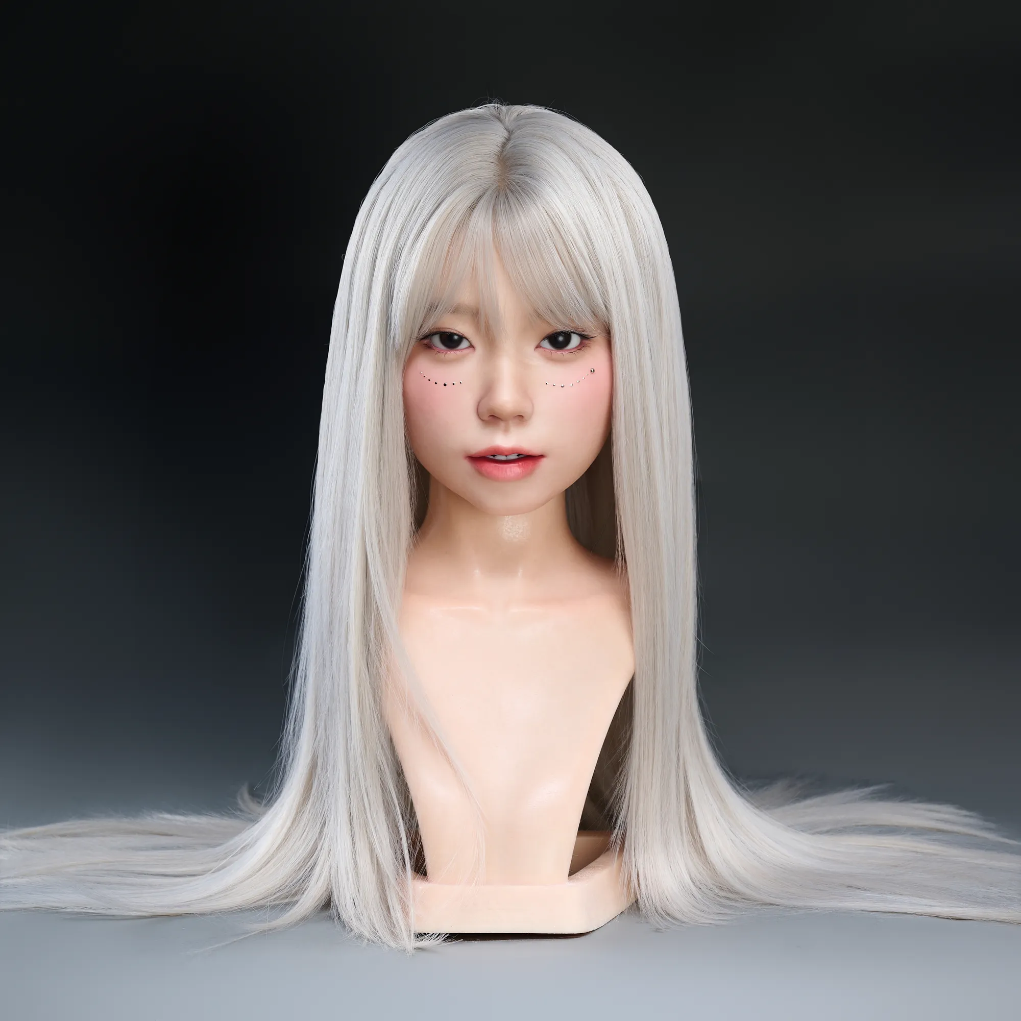 IronAI Head A6 (1) #70 WM silicone doll head with long silver hair, featuring subtle freckles and a neutral expression against a dark background.