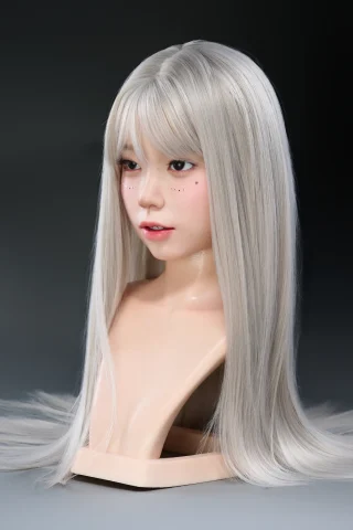 #70 WM/YL/OR silicone doll head with long, straight silver hair, featuring subtle makeup and a neutral expression.
